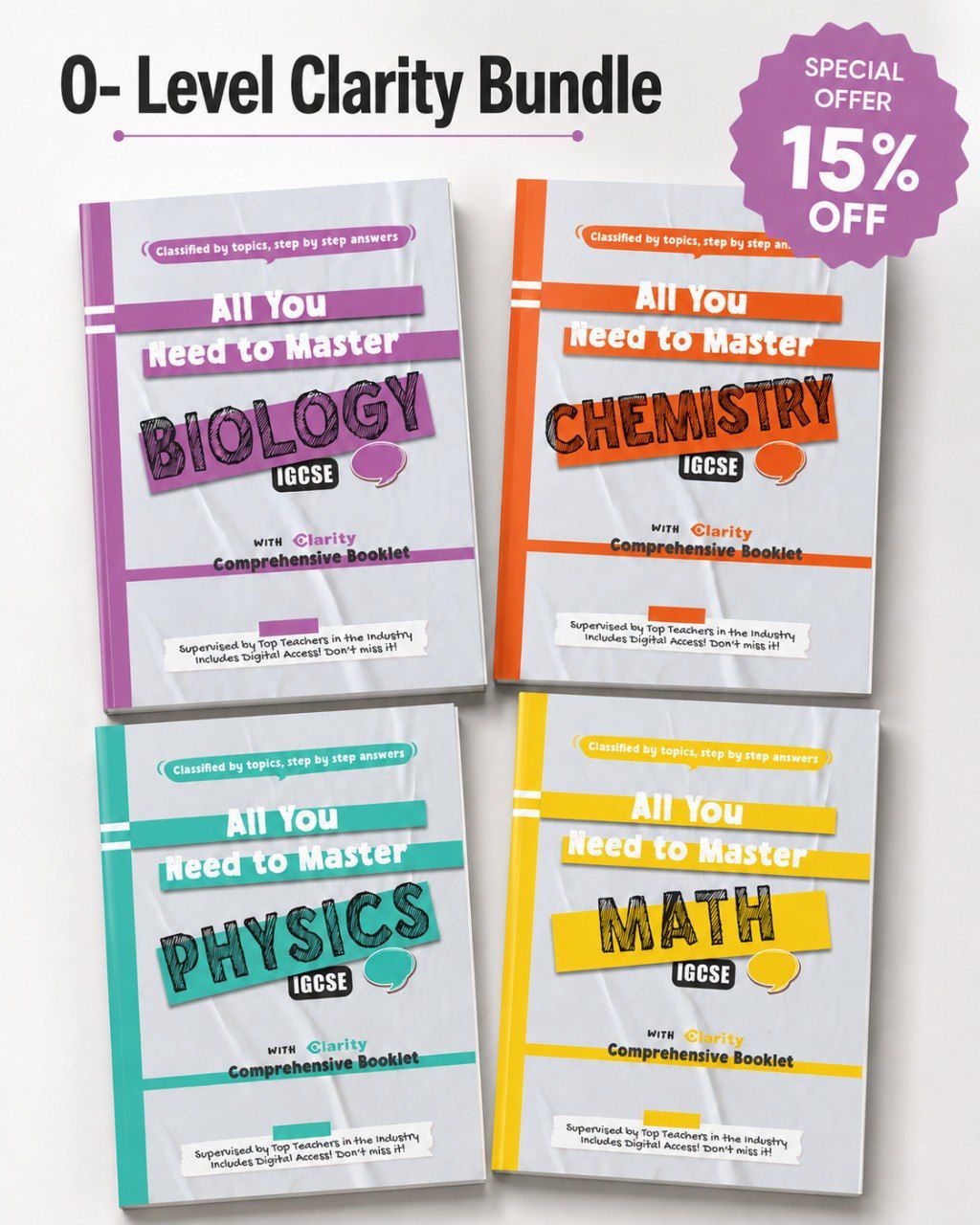 📚✨ Clarity Bundle 🎯 Master Your IGCSE Subjects with Confidence 🧬 Biology • ⚗️ Chemistry • ⚡ Physics • ➗ Mathematics 📖 Comprehensive Topic-Classified Booklets 🔥 Now Available with 15% OFF